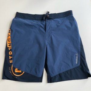 Reebok Shorts CrossFit Athletic Exercise Board Zipper Stretch Graphic Logo Blue